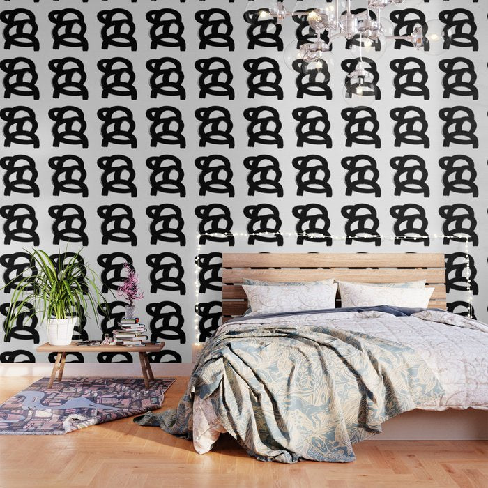 Black & White Minimalist Abstract Mid Century Ink Art Dark Brush Strokes Wallpaper