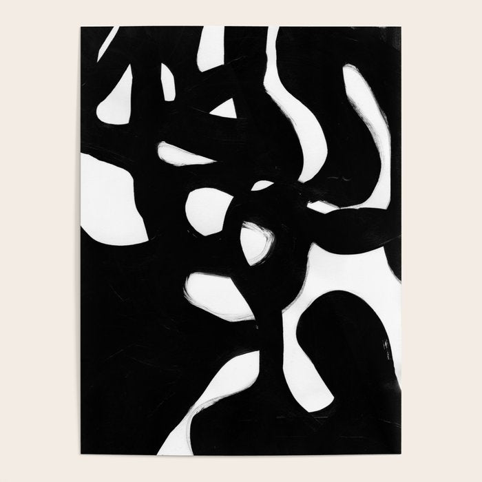Maze Black & White Minimalist Abstract Mid Century Ink Art Dark Brush Strokes Poster