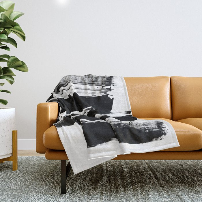 Stripes Black & White Minimalist Abstract Mid Century Ink Art Dark Brush Strokes Throw Blanket