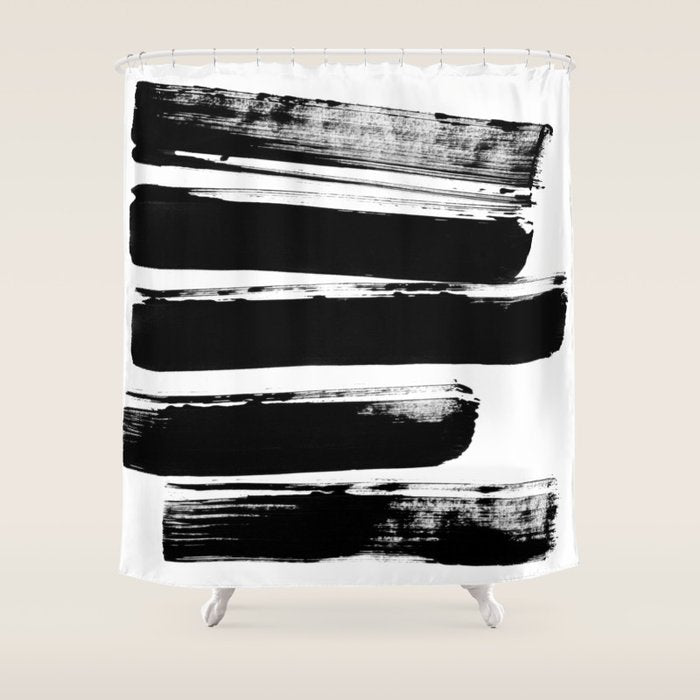 Stripes Black & White Minimalist Abstract Mid Century Ink Art Dark Brush Strokes Shower Curtain
