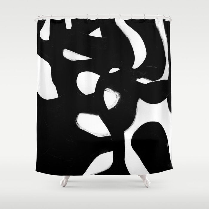 Maze Black & White Minimalist Abstract Mid Century Ink Art Dark Brush Strokes Shower Curtain