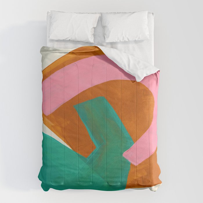 Ochre Pink Marine Green Fun Colorful Mid Century Modern Abstract Painting Shapes Pattern Comforter