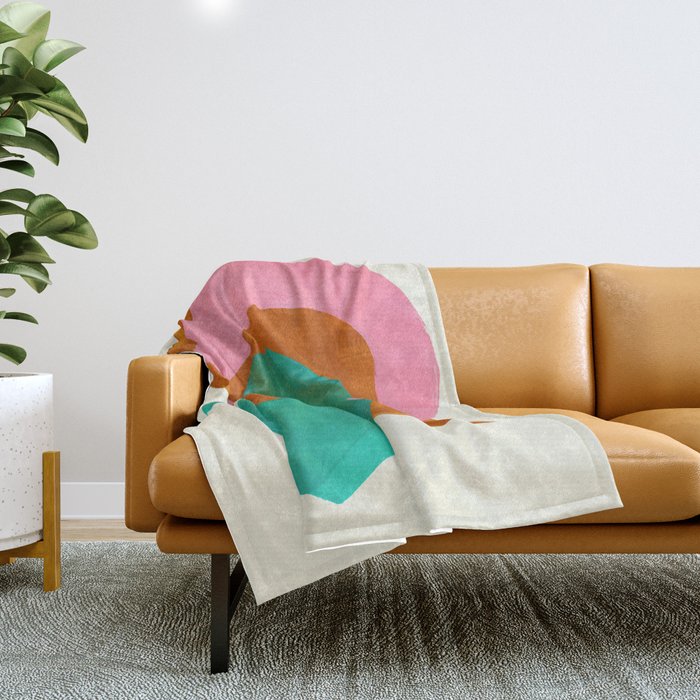 Ochre Pink Marine Green Fun Colorful Mid Century Modern Abstract Painting Shapes Pattern Throw Blanket