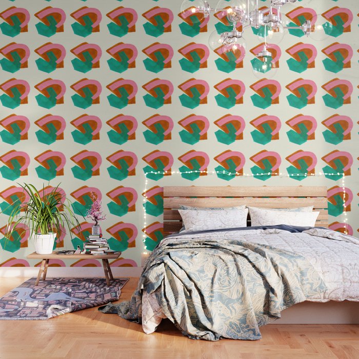 Ochre Pink Marine Green Fun Colorful Mid Century Modern Abstract Painting Shapes Pattern Wallpaper