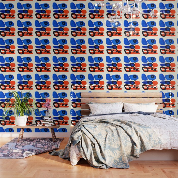 Blue Orange Fun Colorful Mid Century Modern Abstract Painting Shapes Pattern Wallpaper