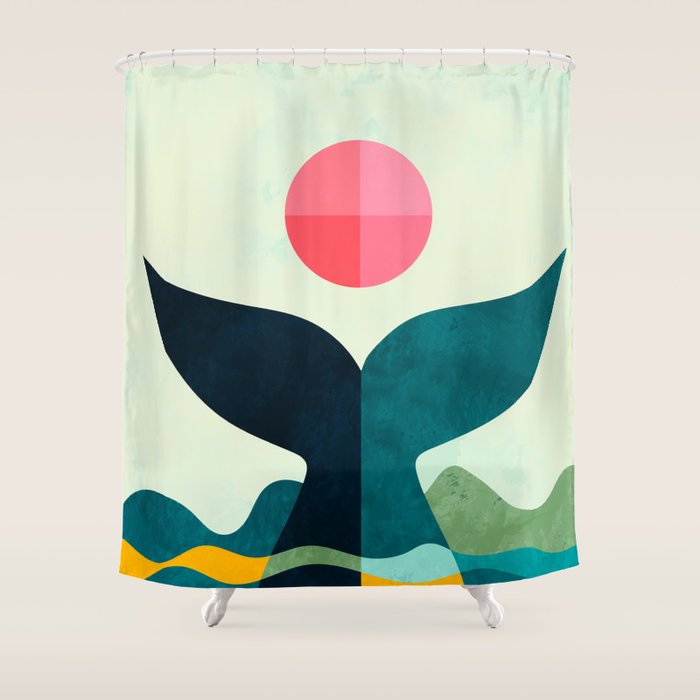 Mid Century Whale Sun Sea Shower Curtain