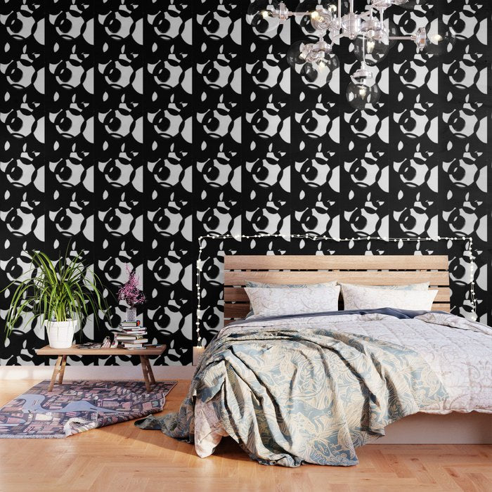 Circle Spirals Black & White Minimalist Ink Tribal Mid Century Pattern Dark Painting Pattern Wallpaper