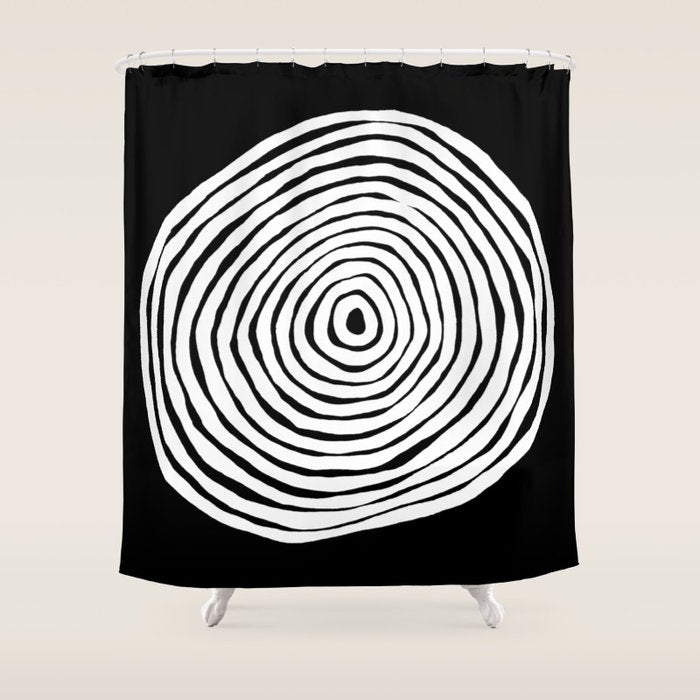 Black & White Minimalist Mid Century Abstract Ink Line Spiral Hypnotic Circle Shower Curtain