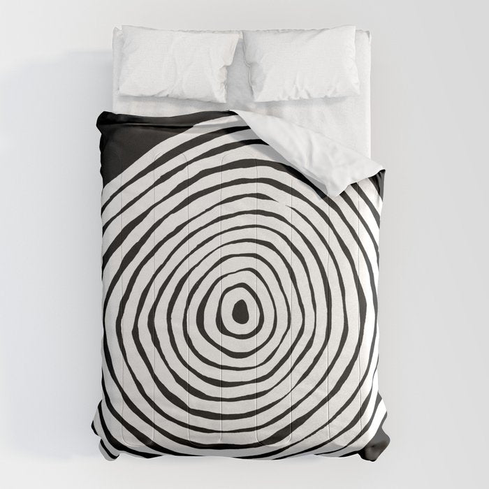 Black & White Minimalist Mid Century Abstract Ink Line Spiral Hypnotic Circle Comforter