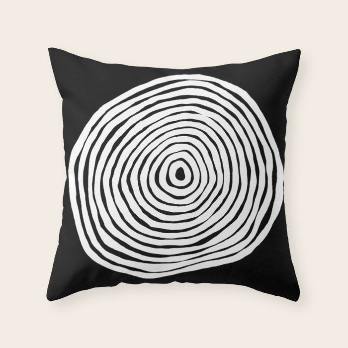 Black & White Minimalist Mid Century Abstract Ink Line Spiral Hypnotic Circle Throw Pillow
