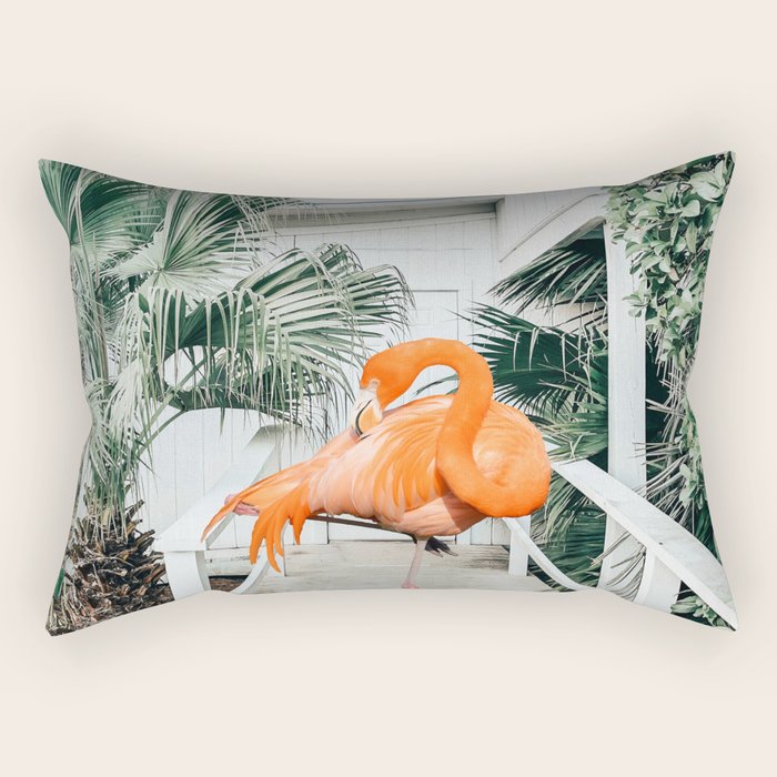 Flamingo Beach House, Wildlife Architecture Jungle Photography, Eclectic Birds Digital Art Rectangular Pillow