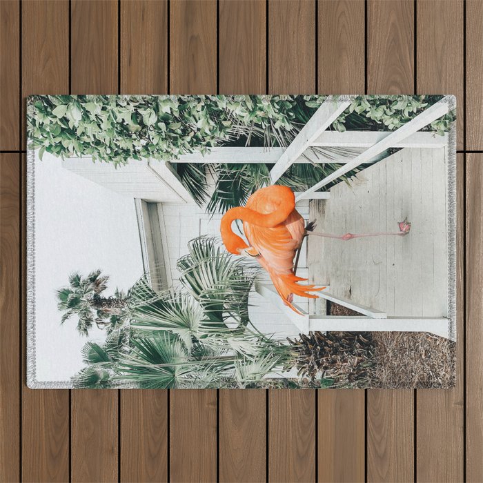 Flamingo Beach House, Wildlife Architecture Jungle Photography, Eclectic Birds Digital Art Outdoor Rug