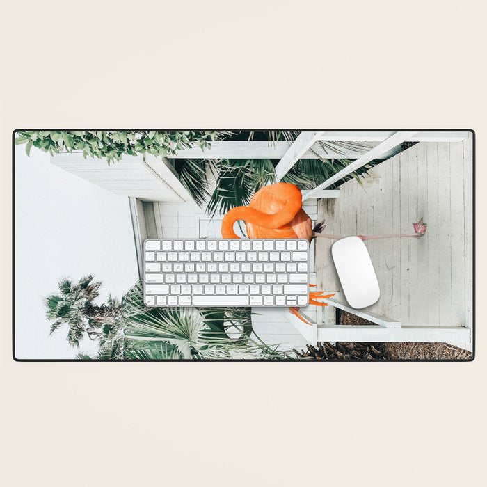 Flamingo Beach House, Wildlife Architecture Jungle Photography, Eclectic Birds Digital Art Desk Mat