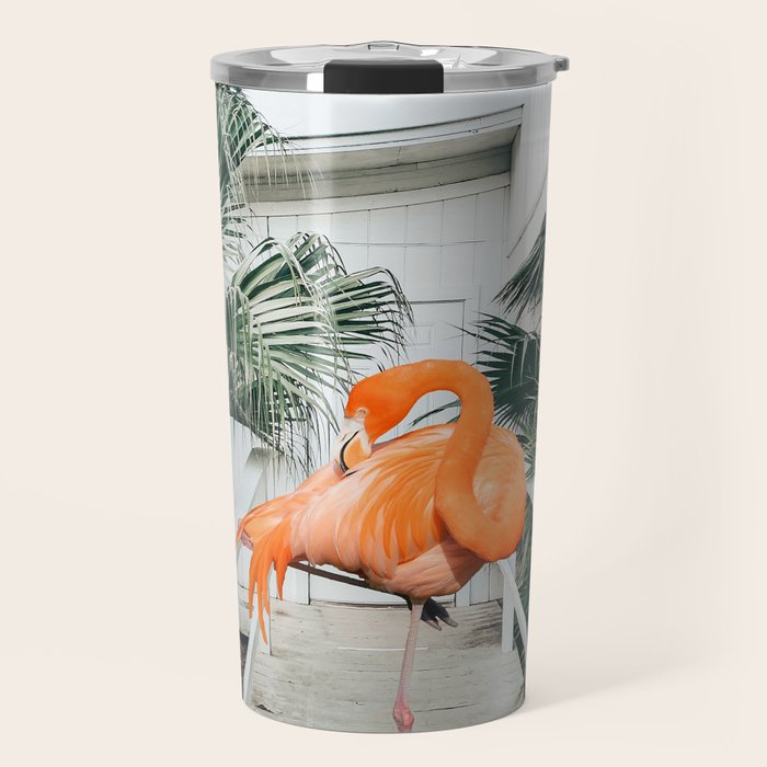 Flamingo Beach House, Wildlife Architecture Jungle Photography, Eclectic Birds Digital Art Travel Mug
