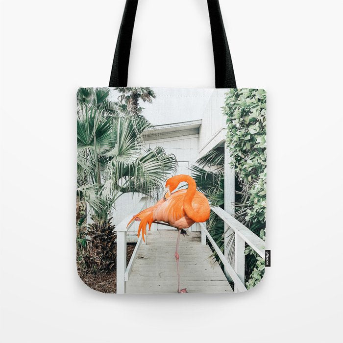 Flamingo Beach House, Wildlife Architecture Jungle Photography, Eclectic Birds Digital Art Tote Bag