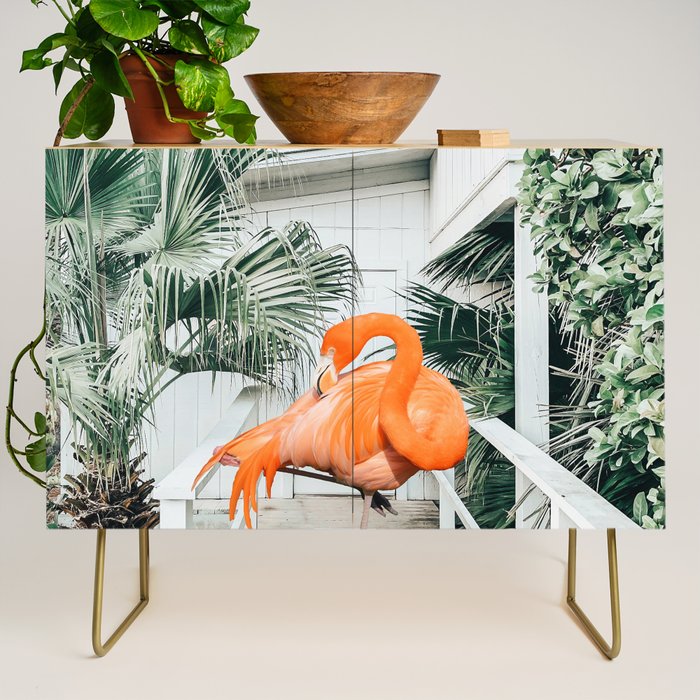 Flamingo Beach House, Wildlife Architecture Jungle Photography, Eclectic Birds Digital Art Credenza