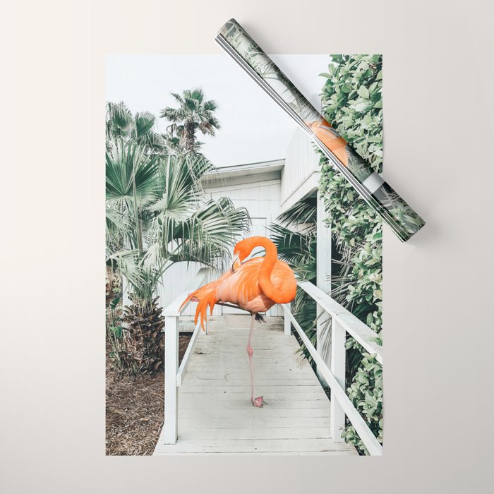 Flamingo Beach House, Wildlife Architecture Jungle Photography, Eclectic Birds Digital Art Wrapping Paper