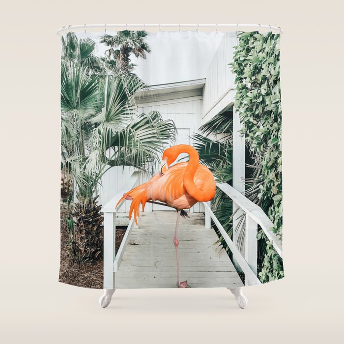 Flamingo Beach House, Wildlife Architecture Jungle Photography, Eclectic Birds Digital Art Shower Curtain