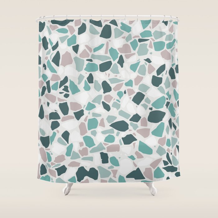 Festive, Terrazzo Mosaic Pattern, Teal, Green, Sage, Dusky Pink Shower Curtain