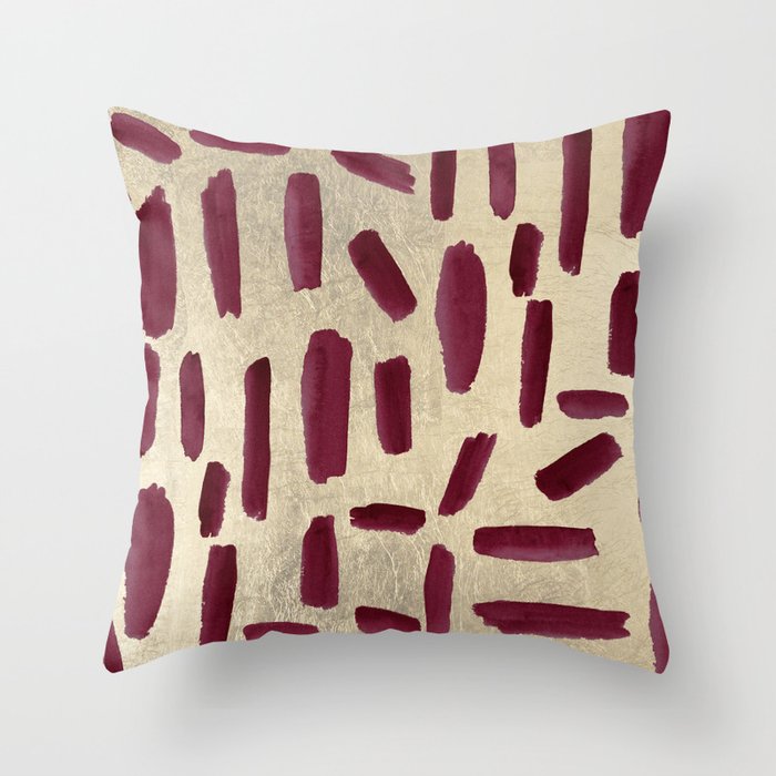 Modern Burgundy Gold Watercolor Brushstrokes Throw Pillow