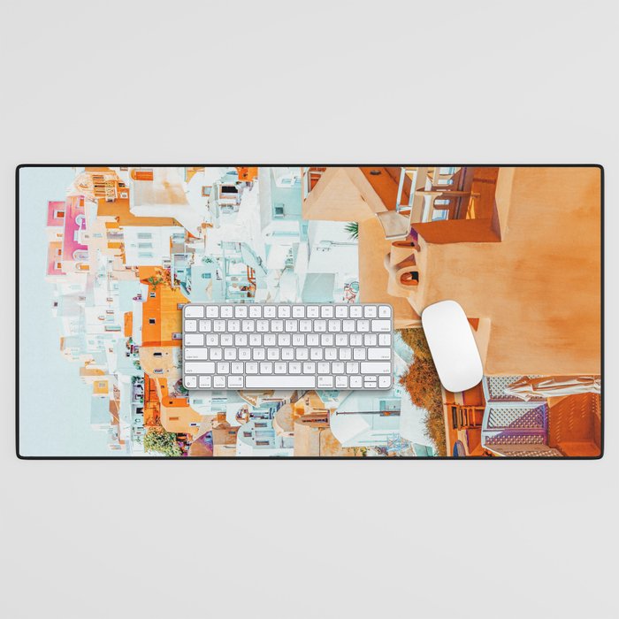 Santorini Vacay | Greece Summer Travel Architecture Buildings | Pastel Beachy Cityscape Photography Desk Mat