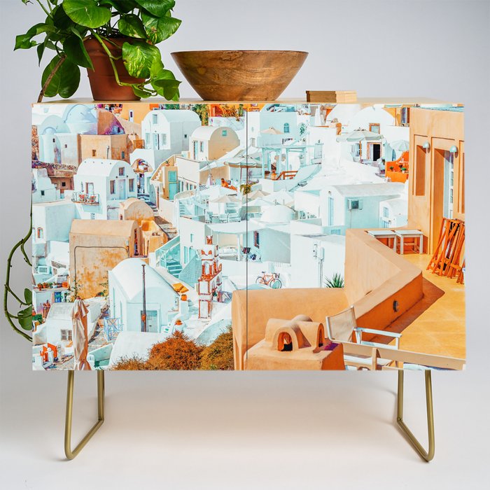 Santorini Vacay | Greece Summer Travel Architecture Buildings | Pastel Beachy Cityscape Photography Credenza