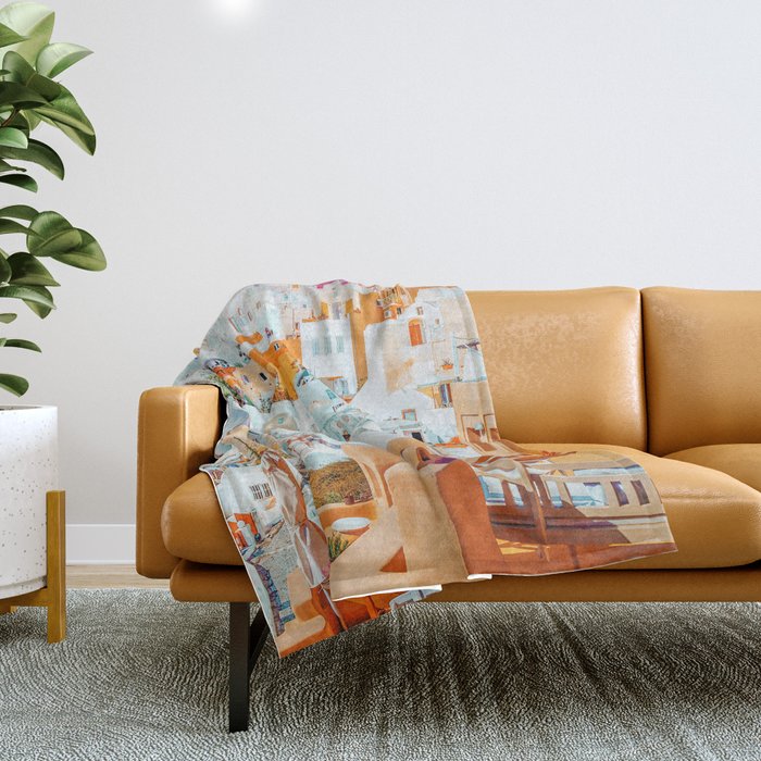 Santorini Vacay | Greece Summer Travel Architecture Buildings | Pastel Beachy Cityscape Photography Throw Blanket