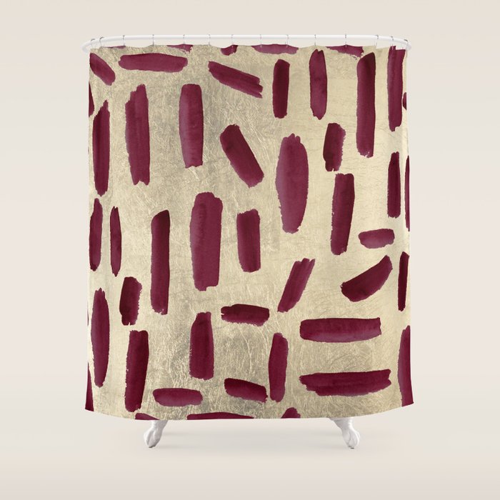 Modern Burgundy Gold Watercolor Brushstrokes Shower Curtain