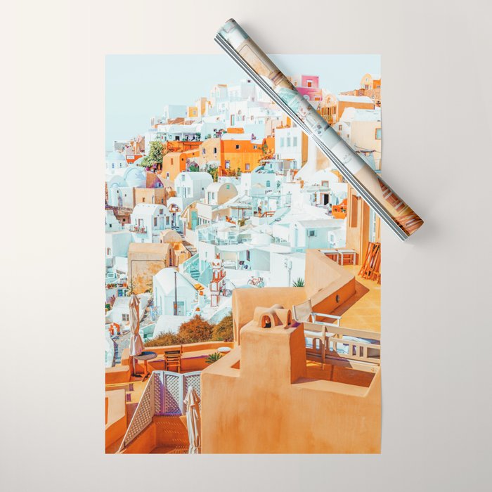 Santorini Vacay | Greece Summer Travel Architecture Buildings | Pastel Beachy Cityscape Photography Wrapping Paper