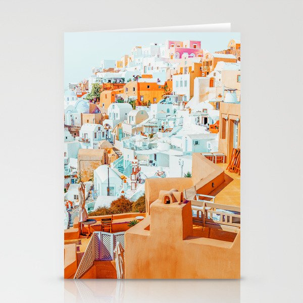 Santorini Vacay | Greece Summer Travel Architecture Buildings | Pastel Beachy Cityscape Photography Stationery Card