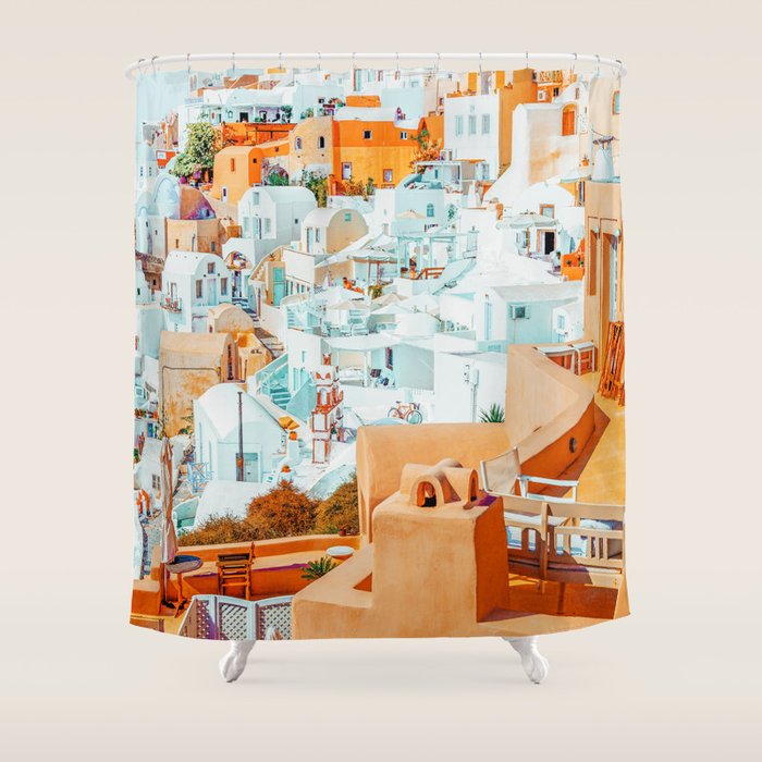 Santorini Vacay | Greece Summer Travel Architecture Buildings | Pastel Beachy Cityscape Photography Shower Curtain