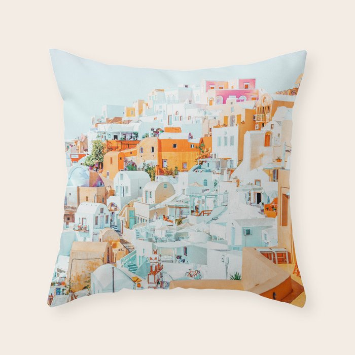 Santorini Vacay | Greece Summer Travel Architecture Buildings | Pastel Beachy Cityscape Photography Throw Pillow
