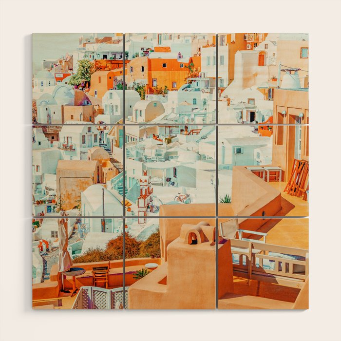 Santorini Vacay | Greece Summer Travel Architecture Buildings | Pastel Beachy Cityscape Photography Wood Wall Art