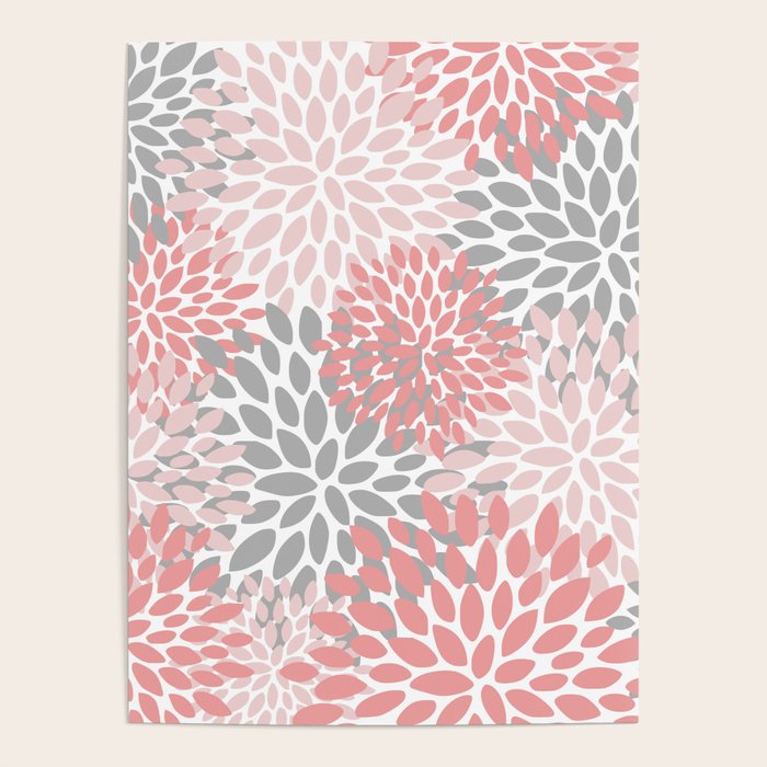 Floral Pattern, Coral Pink And Gray Poster