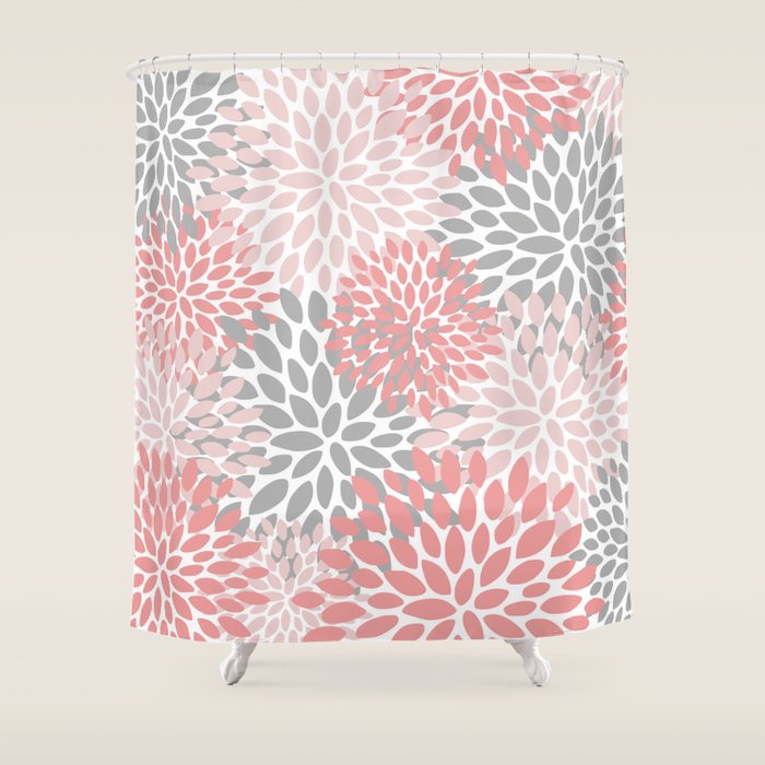 Floral Pattern, Coral Pink And Gray Shower Curtain