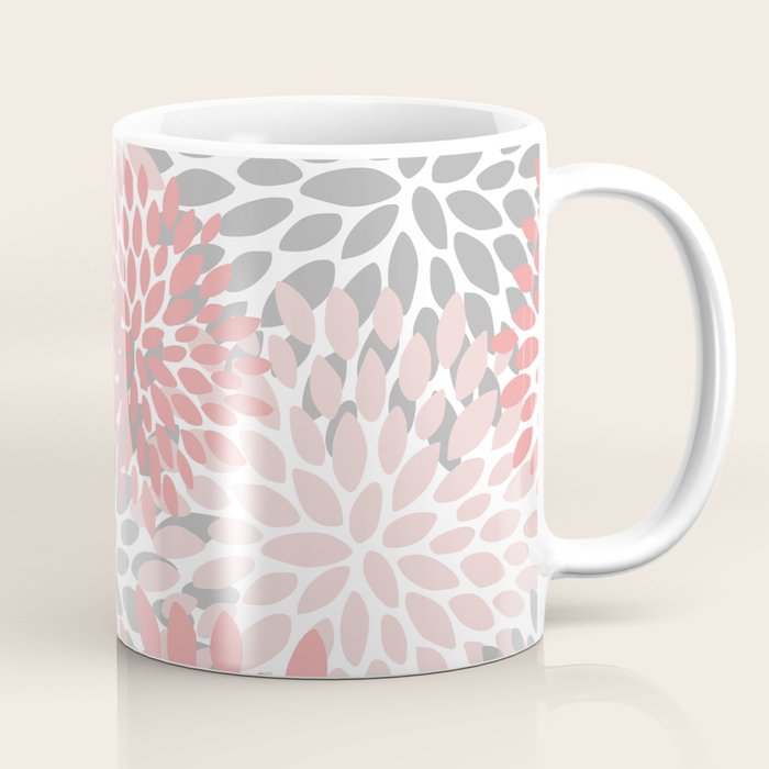 Floral Pattern, Coral Pink And Gray Coffee Mug