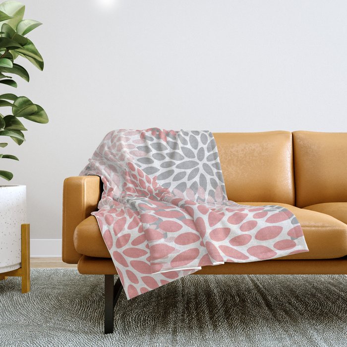 Floral Pattern, Coral Pink And Gray Throw Blanket