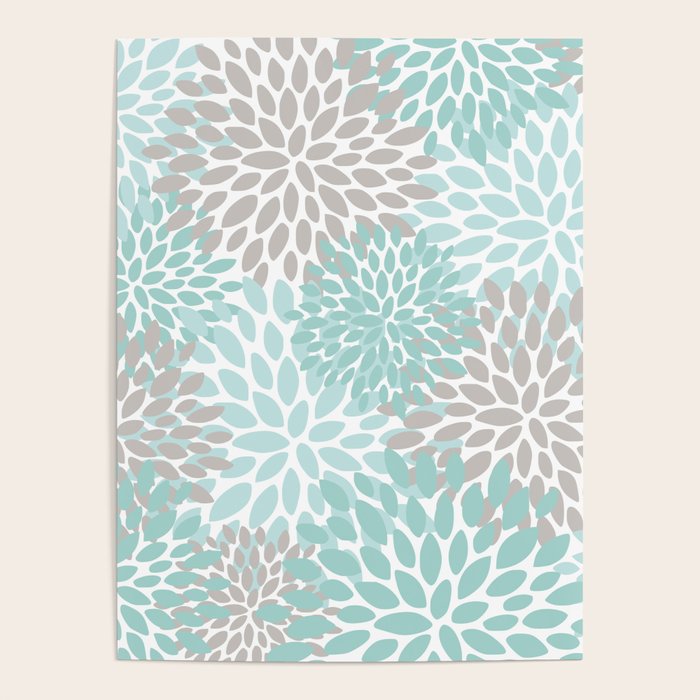 Floral Pattern, Teal, Aqua, Turquoise,Gray Poster