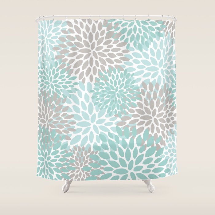 Floral Pattern, Teal, Aqua, Turquoise,Gray Shower Curtain