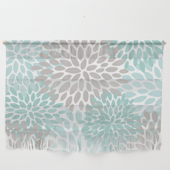 Floral Pattern, Teal, Aqua, Turquoise,Gray Wall Hanging