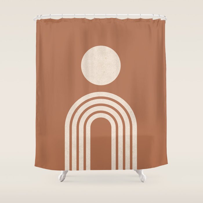 Mid Century Modern Sun And Rainbow On Terracotta Shower Curtain