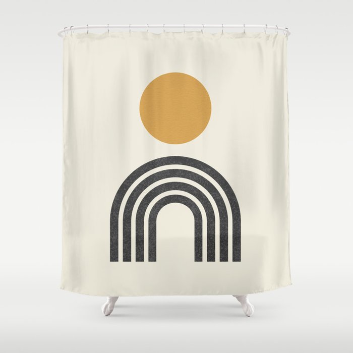 Mid Century Modern Gold Sun And Black Rainbow Shower Curtain