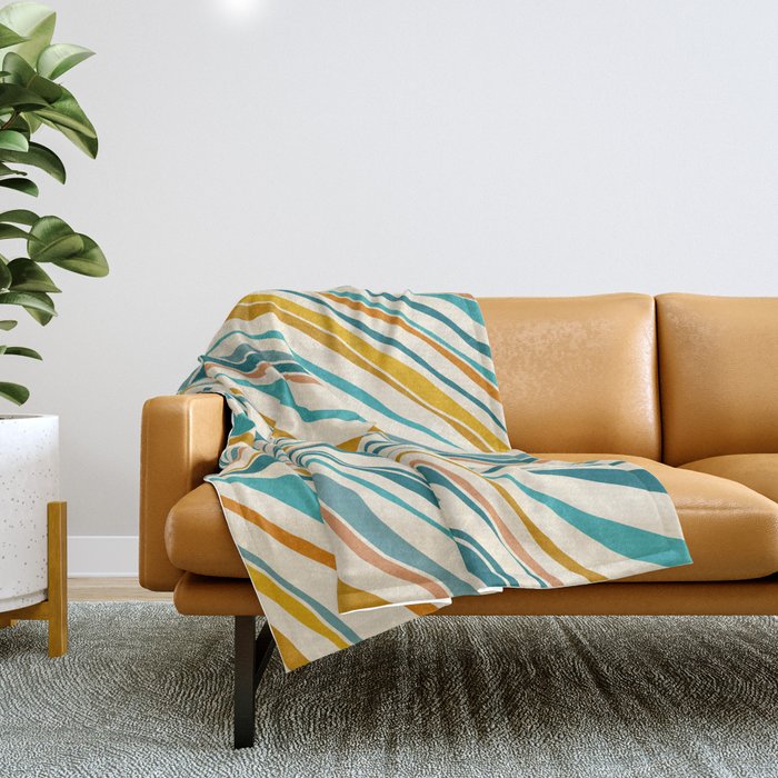 Teal And Gold Ocean Stripes Throw Blanket