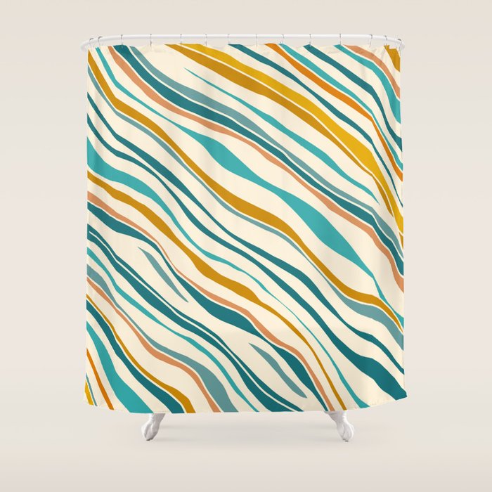 Teal And Gold Ocean Stripes Shower Curtain