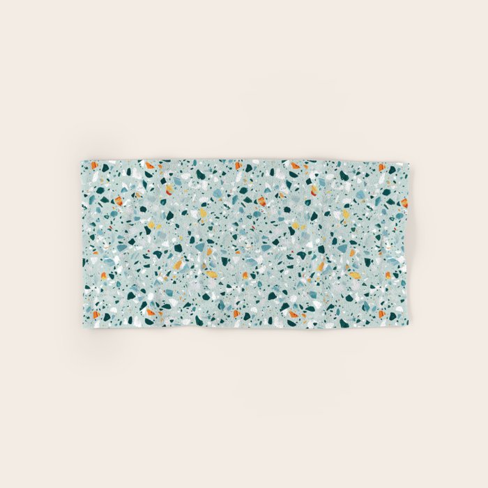 Mint Terrazzo, Eclectic Marble Texture Pattern, Colorful Neutral Pastel Illustration, Floor Tiles Bath Towel