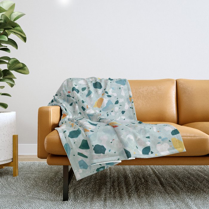 Mint Terrazzo, Eclectic Marble Texture Pattern, Colorful Neutral Pastel Illustration, Floor Tiles Throw Blanket
