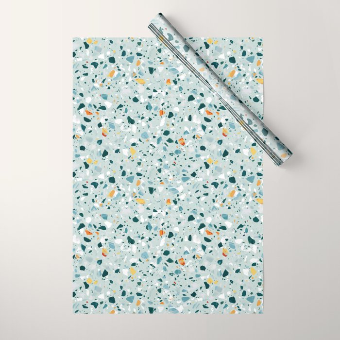 Mint Terrazzo, Eclectic Marble Texture Pattern, Colorful Neutral Pastel Illustration, Floor Tiles Wrapping Paper