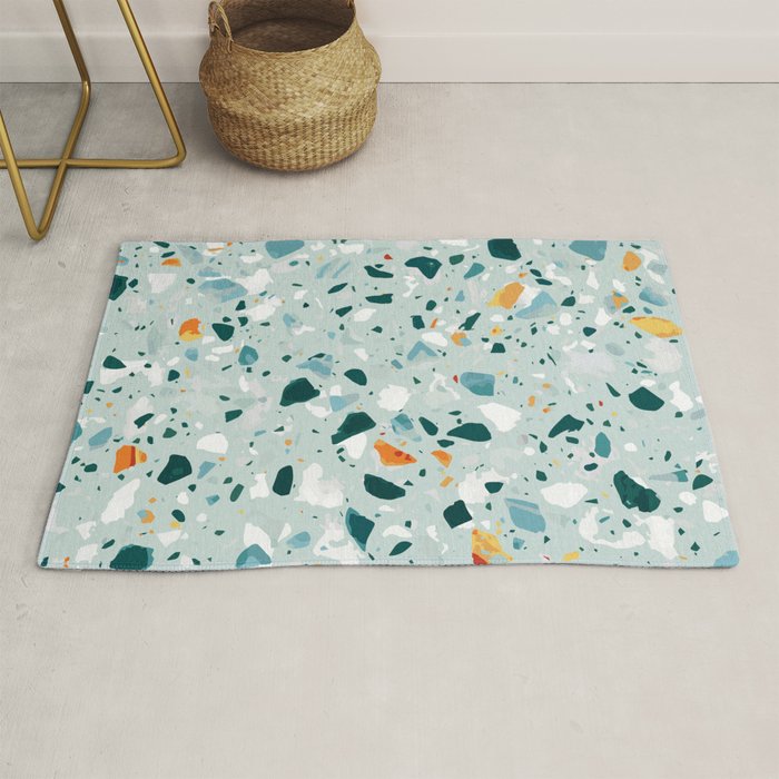 Mint Terrazzo, Eclectic Marble Texture Pattern, Colorful Neutral Pastel Illustration, Floor Tiles Rug