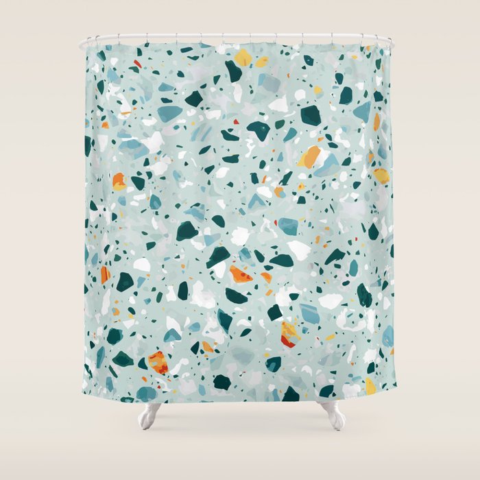 Mint Terrazzo, Eclectic Marble Texture Pattern, Colorful Neutral Pastel Illustration, Floor Tiles Shower Curtain