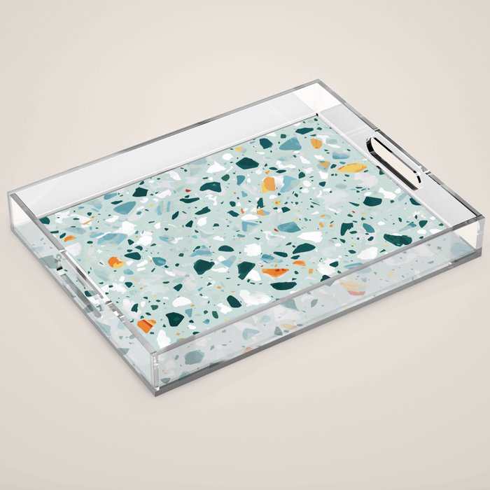 Mint Terrazzo, Eclectic Marble Texture Pattern, Colorful Neutral Pastel Illustration, Floor Tiles Acrylic Tray